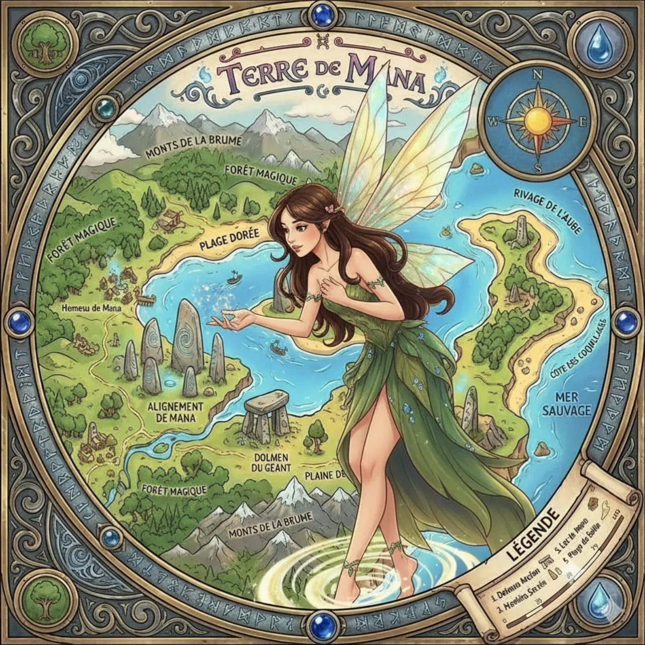 Terre de Mana — carte enluminée : monts de la Brume, forêt magique, alignement et dolmen de Mana, mer sauvage, avec la Fée